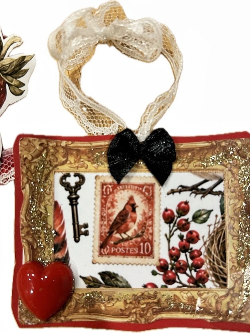 Hand crafted Embellished Ornament Red Cardinal Lace Love Glitter